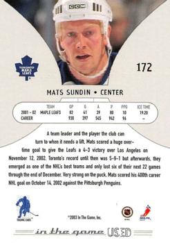 2002-03 In The Game Used #172 Mats Sundin Back
