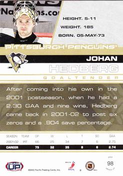 2002-03 Pacific Heads Up #98 Johan Hedberg Back