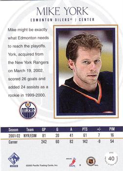 2002-03 Pacific Private Stock Reserve #40 Mike York Back