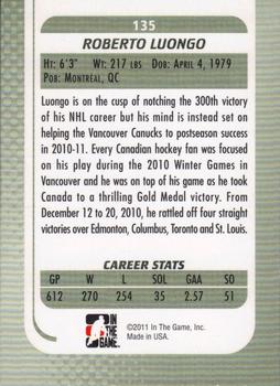2010-11 In The Game Between The Pipes #135 Roberto Luongo Back