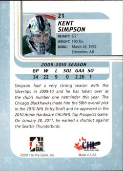 2010-11 In The Game Between The Pipes #21 Kent Simpson Back