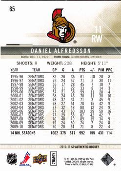 2010-11 SP Authentic #65 Daniel Alfredsson Back