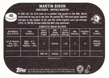 2002-03 Topps Heritage #46 Martin Biron Back