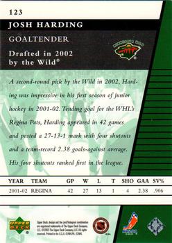 2002-03 Upper Deck Rookie Update #123 Josh Harding Back