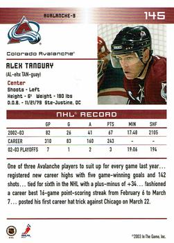 2003-04 In The Game Action #145 Alex Tanguay Back