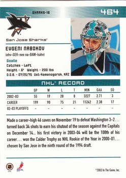 2003-04 In The Game Action #464 Evgeni Nabokov Back