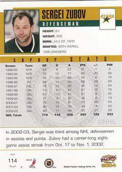 2003-04 Pacific #114 Sergei Zubov Back