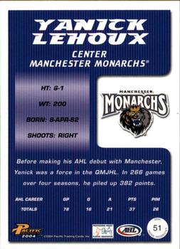 2003-04 Pacific Prospects AHL #51 Yanick Lehoux Back