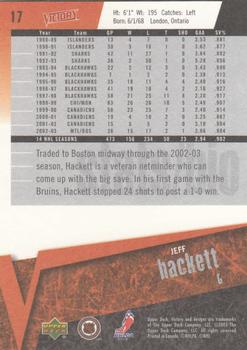 2003-04 Upper Deck Victory #17 Jeff Hackett Back