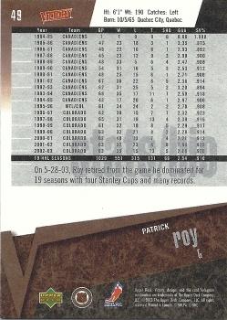 2003-04 Upper Deck Victory #49 Patrick Roy Back