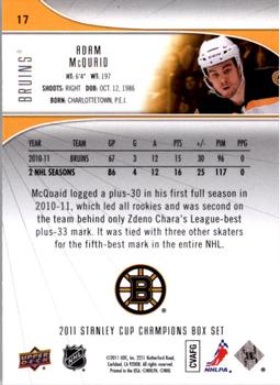 2011 Upper Deck Boston Bruins Stanley Cup Champions #17 Adam McQuaid Back