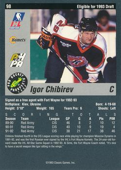 1993 Classic Pro Prospects #98 Igor Chibirev Back