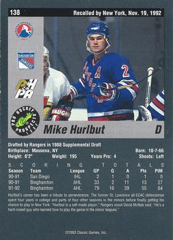 1993 Classic Pro Prospects #138 Mike Hurlbut Back