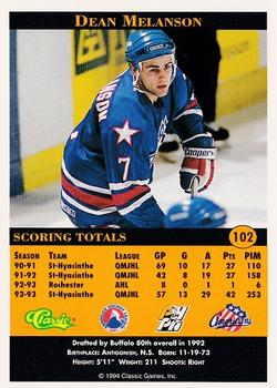 1994 Classic Pro Hockey Prospects #102 Dean Melanson Back