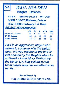 1989-90 7th Inning Sketch OHL #24 Paul Holden Back