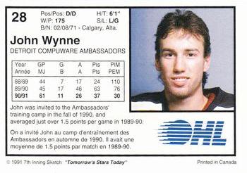 1991-92 7th Inning Sketch OHL #28 John Wynne Back