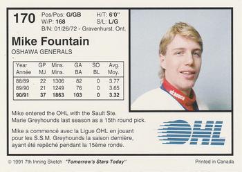 1991-92 7th Inning Sketch OHL #170 Mike Fountain Back