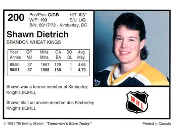 1991-92 7th Inning Sketch WHL #200 Shawn Dietrich Back