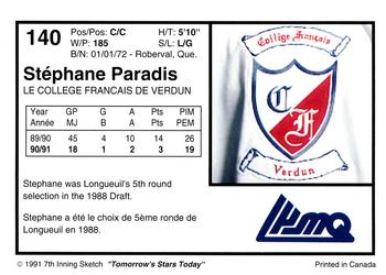 1991-92 7th Inning Sketch LHJMQ #140 Stephane Paradis Back