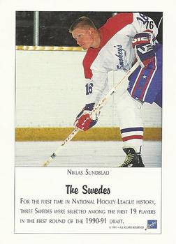1991 Ultimate Draft #76 The Swedes (Markus Naslund / Peter Forsberg / Niklas Sundblad) Back