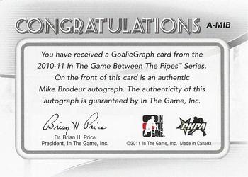 2010-11 In The Game Between The Pipes - Autographs #A-MIB Mike Brodeur  Back