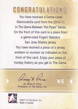 2010-11 In The Game Between The Pipes - Jerseys Black #M-15 Evgeni Nabokov Back
