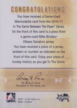 2010-11 In The Game Between The Pipes - Jerseys Black #M-42 Mike Brodeur Back