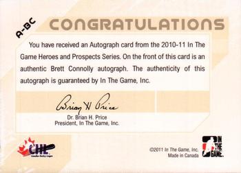 2010-11 In The Game Heroes and Prospects - Autographs #A-BC Brett Connolly  Back