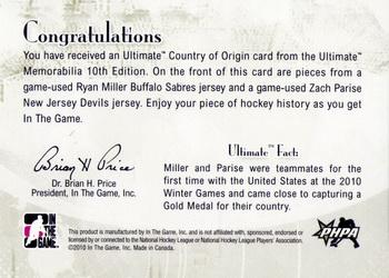 2010-11 In The Game Ultimate Memorabilia - Country of Origin #9 Ryan Miller / Zach Parise  Back