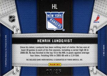 2010-11 Panini Certified - Fabric of the Game Jersey Number #HL Henrik Lundqvist  Back