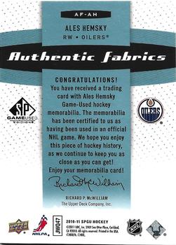 2010-11 SP Game Used - Authentic Fabrics Patches #AF-AH Ales Hemsky  Back