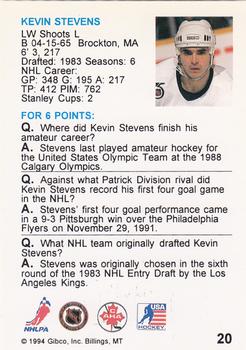 1994 Hockey Wit #20 Kevin Stevens Back
