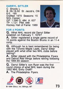 1994 Hockey Wit #73 Darryl Sittler Back