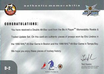 1999-00 Be a Player Memorabilia - Update Double All Star Jerseys #D-2 Eric Lindros  Back