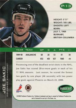 2000-01 Be a Player Memorabilia - Parkhurst 2000 (50th Anniversary) #P-13 Joe Sakic  Back