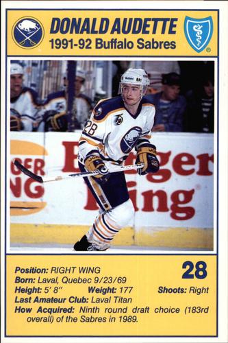 1991-92 Blue Shield Buffalo Sabres Postcards #2 Donald Audette Front