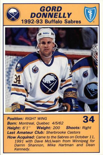 1992-93 Blue Shield Buffalo Sabres Postcards #NNO Gord Donnelly Front