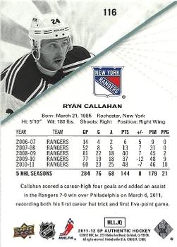 2011-12 SP Authentic #116 Ryan Callahan Back