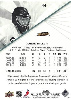2011-12 SP Authentic #44 Jonas Hiller Back
