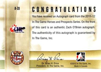 2011-12 In The Game Heroes and Prospects #A-ZO Zach O'Brien Back