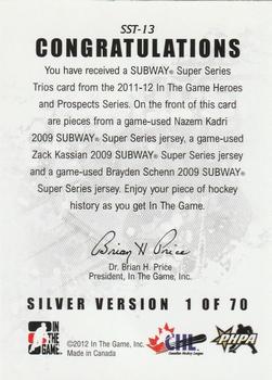 2011-12 In The Game Heroes and Prospects - Subway Series Trios Jerseys Silver #SST-13 Nazem Kadri / Zack Kassian / Brayden Schenn Back