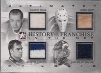 2011-12 In The Game Ultimate Memorabilia - History of the Franchise In the Net #NNO Glenn Hall / Mike Liut / Curtis Joseph / Jaroslav Halak Front