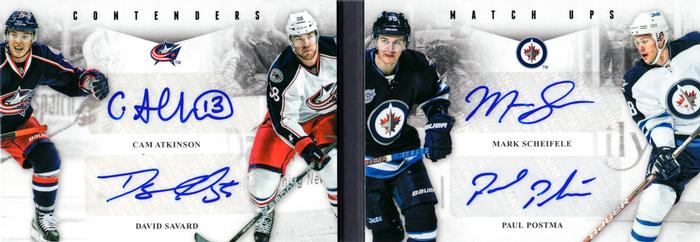 2011-12 Panini Contenders - Match Ups Booklet Autographs #16 Cam Atkinson / David Savard / Mark Scheifele / Paul Postma Front