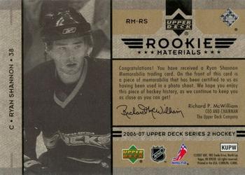 2006-07 Upper Deck - Rookie Materials #RM-RS Ryan Shannon Back