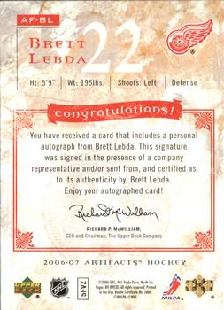 2006-07 Upper Deck Artifacts - Auto-Facts #AF-BL Brett Lebda Back