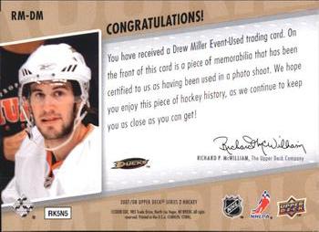 2007-08 Upper Deck - Rookie Materials #RM-DM Drew Miller Back