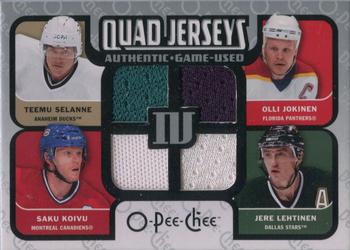 2007-08 O-Pee-Chee - Quad Jerseys (Quad Materials) #QM-SLKJ Teemu Selanne / Jere Lehtinen / Saku Koivu / Olli Jokinen Front