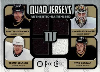 2007-08 O-Pee-Chee - Quad Jerseys (Quad Materials) #QM-SNGG Teemu Selanne / Scott Niedermayer / Jean-Sebastien Giguere / Ryan Getzlaf Front