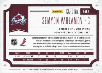 2012-13 Panini Limited #60 Semyon Varlamov Back