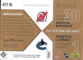 2007-08 SP Game Used - Authentic Fabrics Duals Patches #AF2-BL Martin Brodeur / Roberto Luongo Back